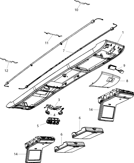 2008 Chrysler Town & Country Overhead Console Full Rail Diagram