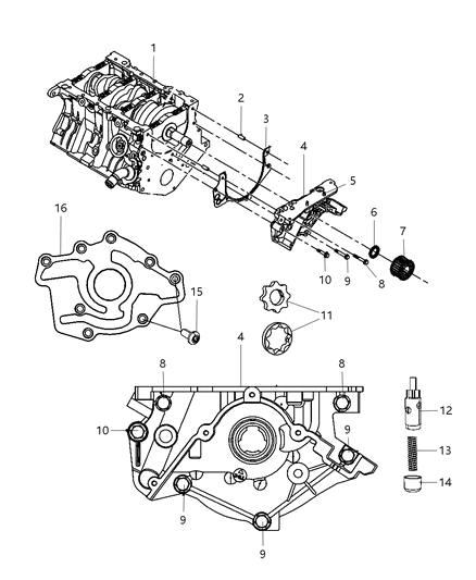 2007 Chrysler 300 Engine Oiling Pump , Pan , Filter & Indicator,Oil Cooler & Coolant Tubes Diagram 5