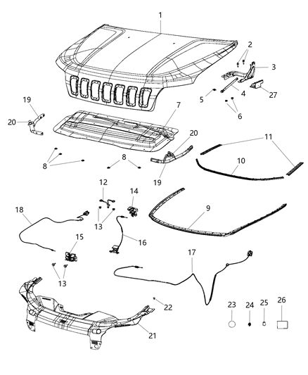 2020 Jeep Cherokee Hood & Related Parts Diagram