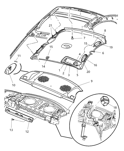 2005 Dodge Neon Headliner, Visor & Shelf Panel Diagram