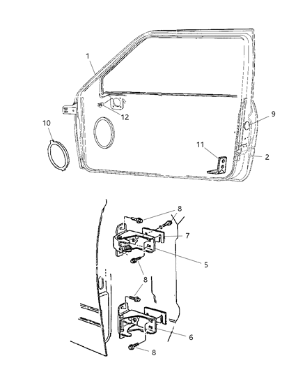 1999 Dodge Ram 1500 Door, Front Shell & Hinges Diagram