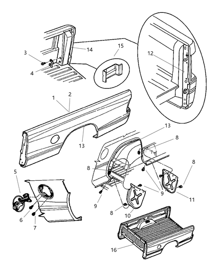 1999 Dodge Dakota Sweptline Box - Panel Outer Box & Fuel Filler Door Diagram