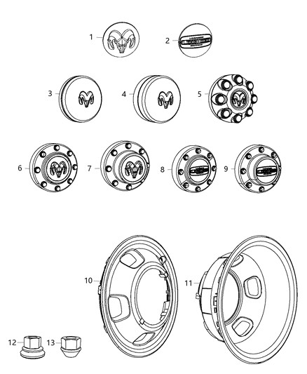 2014 Ram 3500 Pickup Wheel Covers & Center Caps Diagram