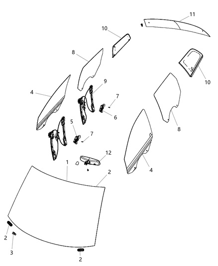 2014 Dodge Journey Glass, Glass Hardware & Regulators & Interior Mirrors Diagram