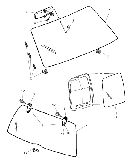 2002 Jeep Liberty Windshield, Quarter Window, Backlite And Mirror Diagram