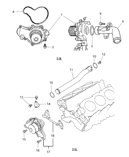 2000 Chrysler Sebring Convertible Water Pump & Related Parts Diagram