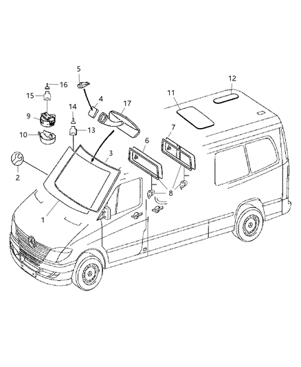2008 Dodge Sprinter 2500 Windshield, Partition & Roof Glass Diagram