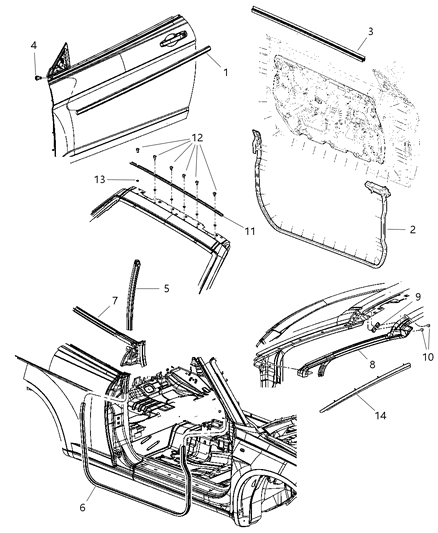 2010 Chrysler Sebring WEATHERSTRIP-Header And A Pillar Diagram for 4389633AG