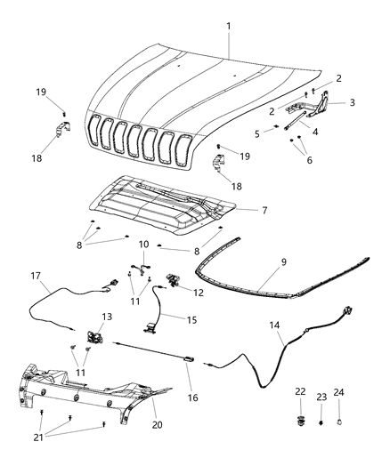 2014 Jeep Cherokee Hood & Related Parts Diagram