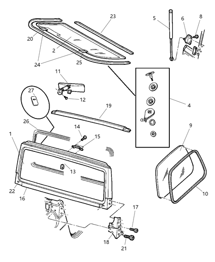 2005 Jeep Wrangler Glass, Windshield, Backlite, Quarter Windshield Frame, Hinges Diagram