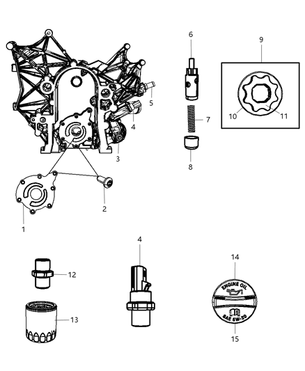 2007 Jeep Wrangler Engine Oiling Pump , Oil Filter & Oil Cap Oil Cooler & Oil Jet Valve Diagram 3