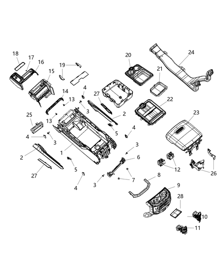 2019 Ram 2500 Floor Console, Front Diagram